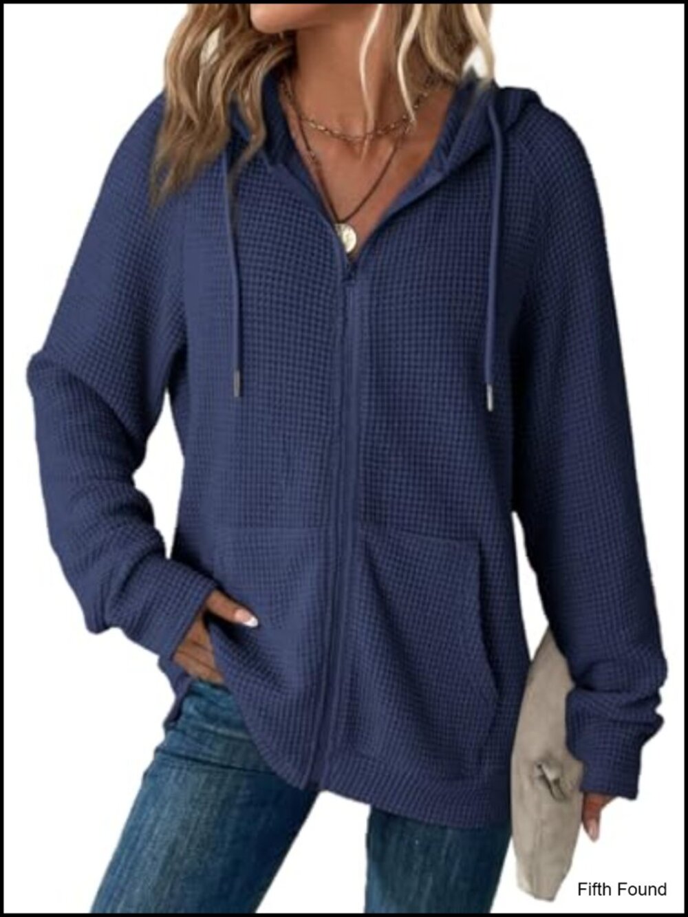 Waffle Knit Full Zip Hoodie Long Sleeve Sweatshirt Oversized